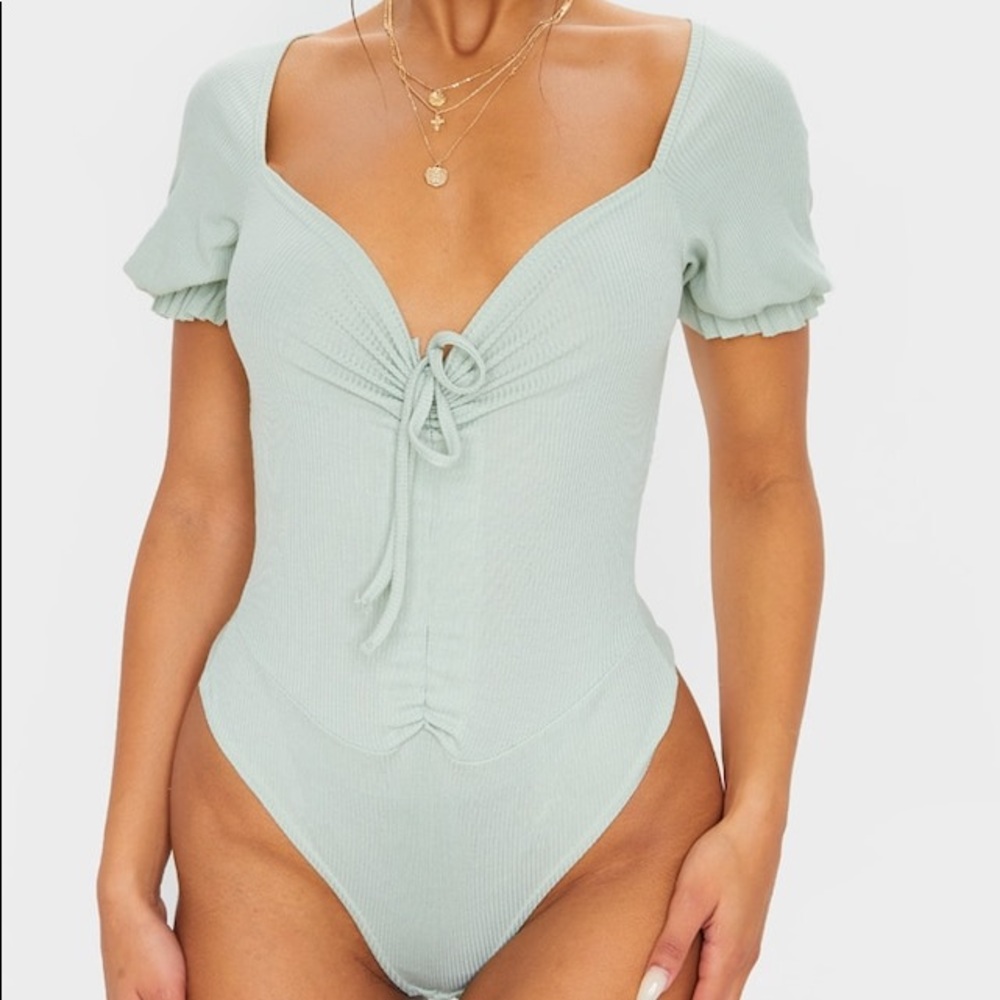 Sage Khaki Rib Ruched Front ShortSleeve Bodysuit 4